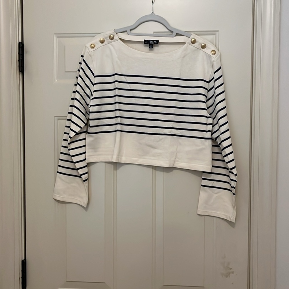 J. Crew Cropped Boatneck T-shirt with Buttons in Mariner Cotton/NWT/M - Picture 11 of 13